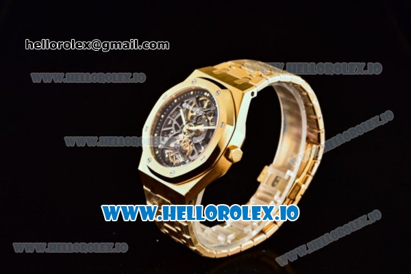 Audemars Piguet Royal Oak Skeleton Tourbillon Swiss Tourbillon Manual Winding Yellow Gold Case Skeleton Dial With Dots Markers Yellow Gold Bracelet - Click Image to Close